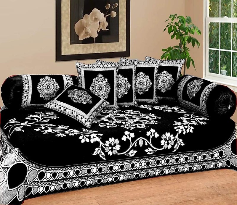 FRESH FROM LOOM Velvet Floral 500 TC Diwan Set Black - 1 Single Bedsheet with 2 Bolster Covers and 5 Cushion Covers (8pc Set) - Image 5