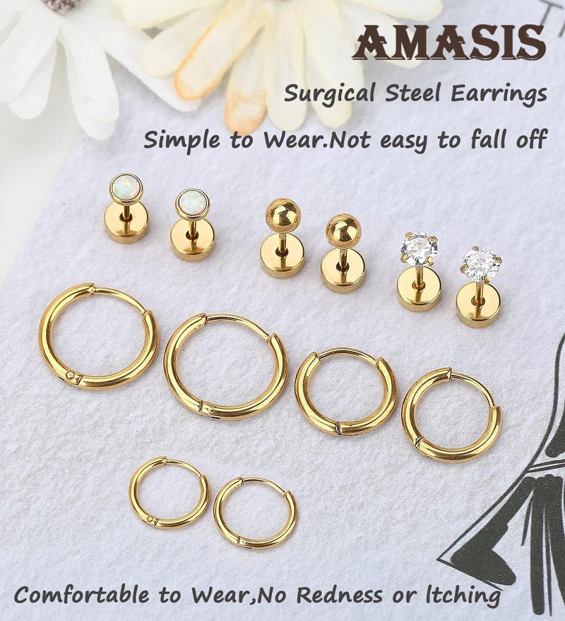 AMASIS Flat Back Stud Earrings Sets for Women Men,Hypoallergenic 20G Lightweight 14K Gold Plated 316L Stainless Steel Tiny 4mm Ball/Opal/Cubic Zirconia Cartilage Stud Earrings for Sensitive Ears(3 Pairs,Gold) - Image 3