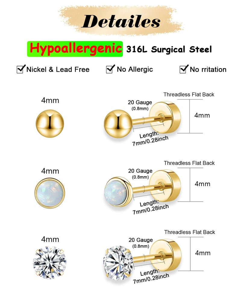 AMASIS Flat Back Stud Earrings Sets for Women Men,Hypoallergenic 20G Lightweight 14K Gold Plated 316L Stainless Steel Tiny 4mm Ball/Opal/Cubic Zirconia Cartilage Stud Earrings for Sensitive Ears(3 Pairs,Gold) - Image 2