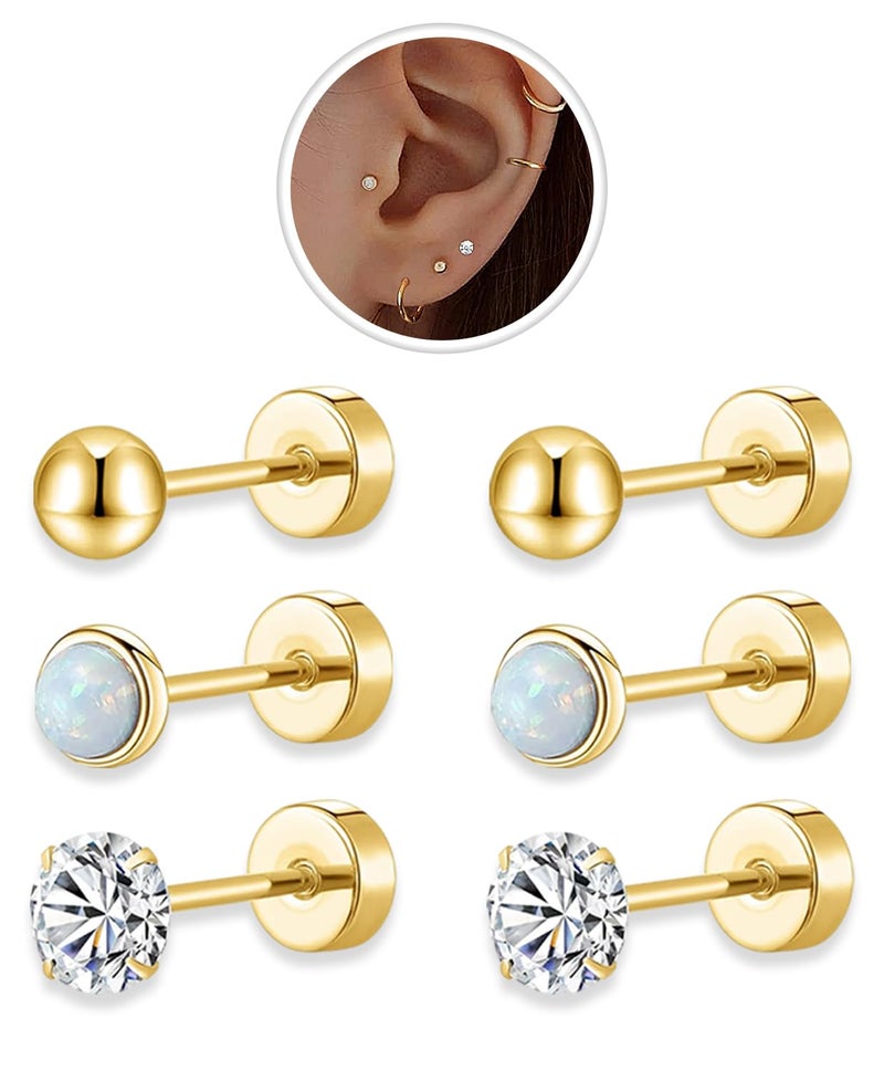 AMASIS Flat Back Stud Earrings Sets for Women Men,Hypoallergenic 20G Lightweight 14K Gold Plated 316L Stainless Steel Tiny 4mm Ball/Opal/Cubic Zirconia Cartilage Stud Earrings for Sensitive Ears(3 Pairs,Gold) - Image 1