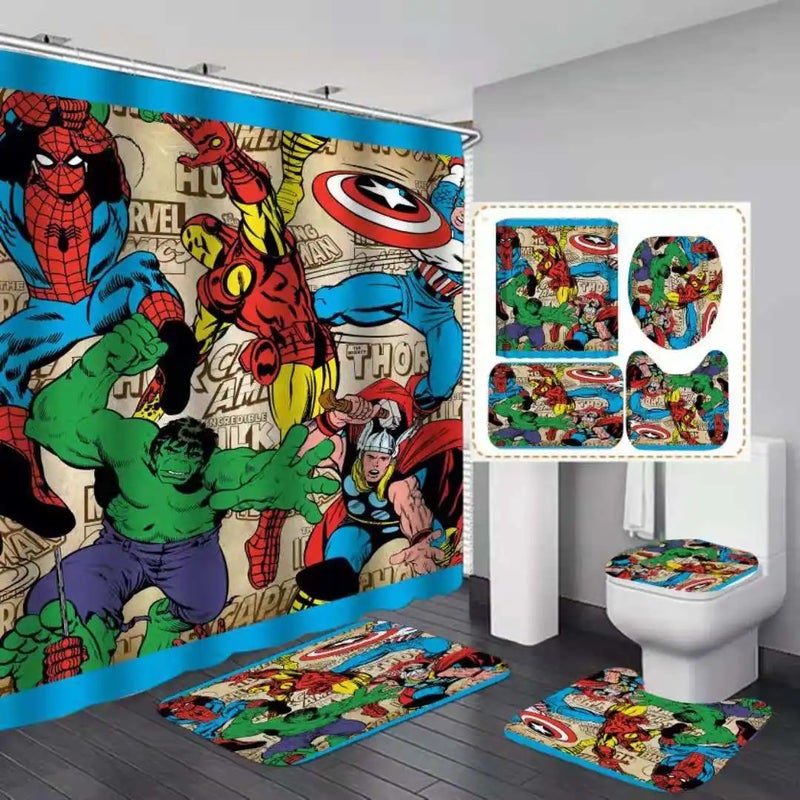 Y&D 4pcs 3D Printing Shower Curtain Sets and Rugs  Kids Bathroom Mat Set With Shower Curtains - Image 1