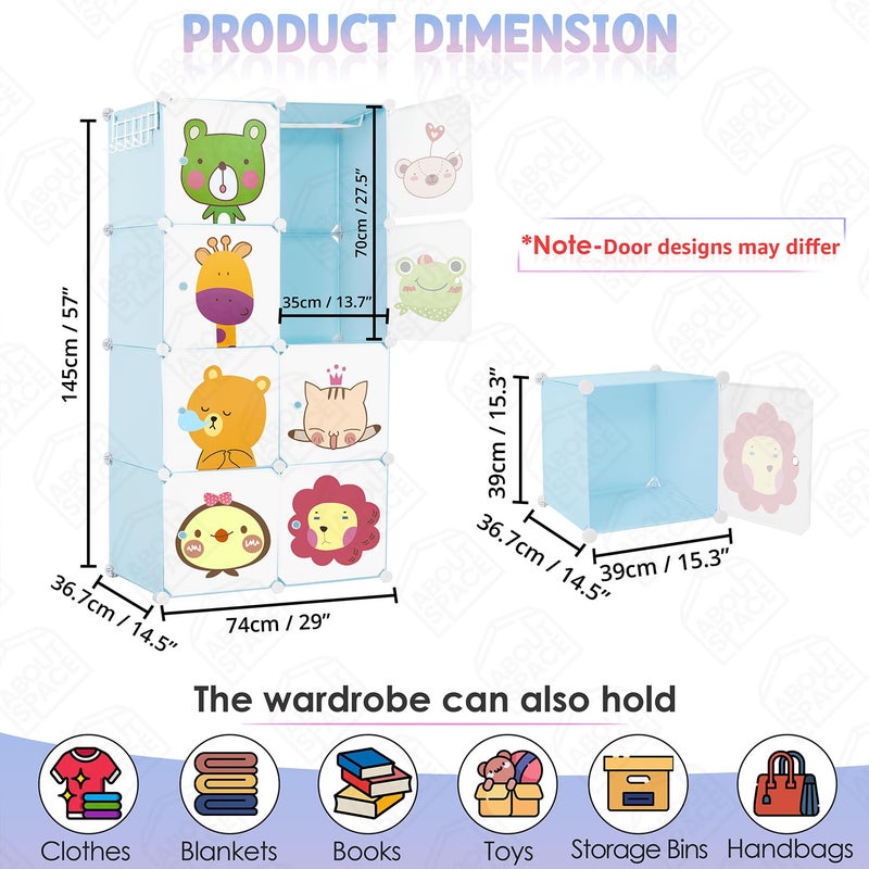ABOUT SPACE خزانة الأطفال عن الفضاء 8 مكعبات خزانة أطفال مع أبواب كرتونية شماعة ملابس شماعة جانبية مغناطيس باب مطرقة قابلة للطي منظم تخزين ملابس الأطفال للأولاد والبنات باللون الأزرق - Image 2