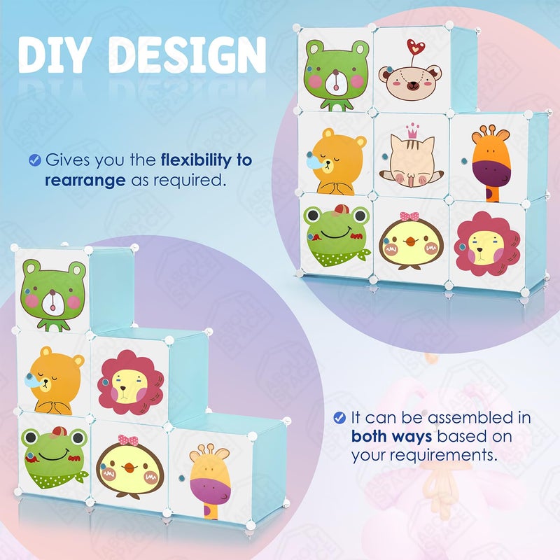 ABOUT SPACE خزانة الأطفال عن الفضاء 8 مكعبات خزانة أطفال مع أبواب كرتونية شماعة ملابس شماعة جانبية مغناطيس باب مطرقة قابلة للطي منظم تخزين ملابس الأطفال للأولاد والبنات باللون الأزرق - Image 5