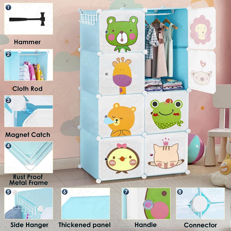 ABOUT SPACE خزانة الأطفال عن الفضاء 8 مكعبات خزانة أطفال مع أبواب كرتونية شماعة ملابس شماعة جانبية مغناطيس باب مطرقة قابلة للطي منظم تخزين ملابس الأطفال للأولاد والبنات باللون الأزرق - Image 3