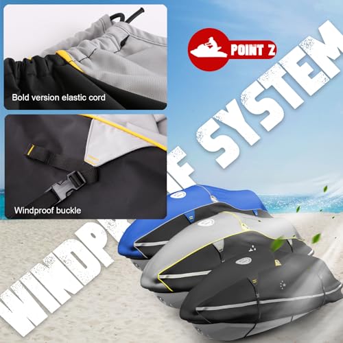 LI LIBZAKI LIBZAKI Jet Ski Cover PWC Cover 2-3 Seats Heavy Duty Waterproof 600D UV Resistant Fits for Yamaha Sea-Doo Kawasaki up to 112~135" Gray/Black - Image 4
