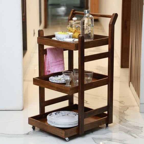 VM DECOR Solid Wood Rolling Utility Serving Trolley 3Level Wooden Serving Trolley for Kitchen Organization Wheels for Dining Room Wine Serving Trolley 3 Tier Teak Finish Walnut Finish