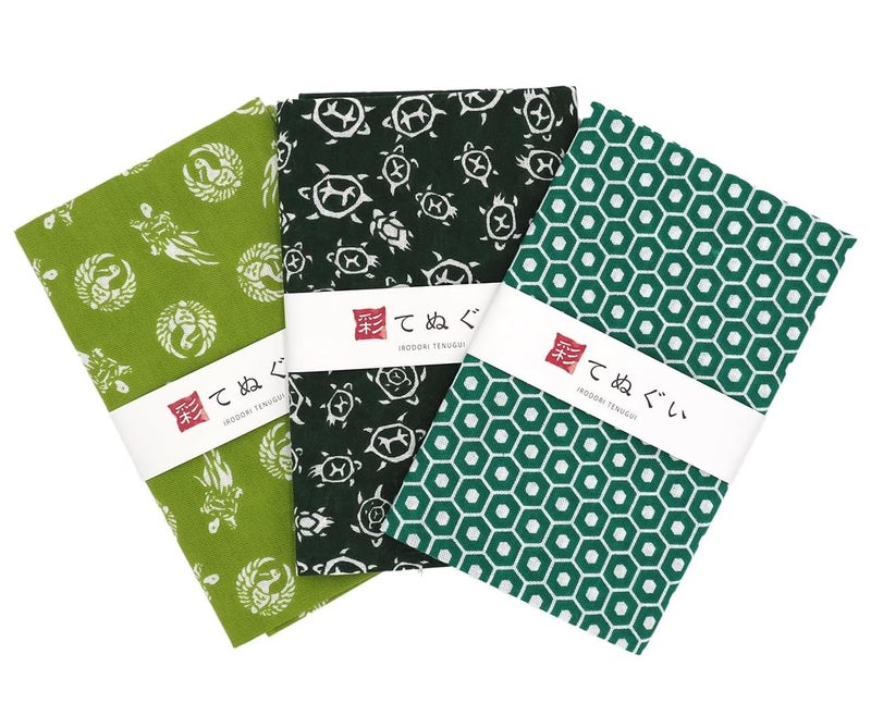 KOMESICHI irodori Japanese Traditional Towel Tenugui Navy Pattern A with Fray Prevention Processing Set of 3 with Tenugui Iroha English Manual 1299 x 3464 in