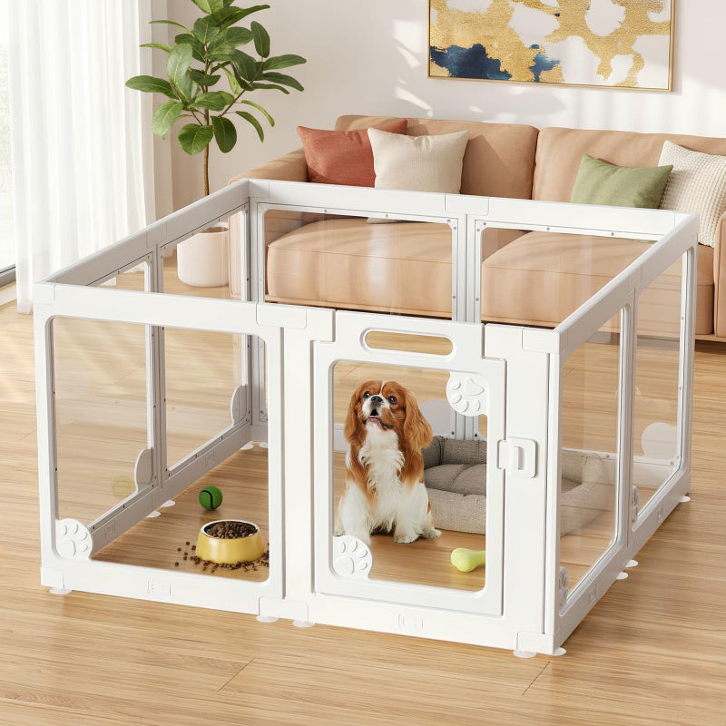 whiffee Clear Acrylic Dog Play Pen Indoors 24", 8 Panels Transparent Puppy Playpen with Door for Small Dogs Puppies, Modular Plastic Pet Playpen Cage Fence Crate for Cat Kitten Rabbit - Image 1