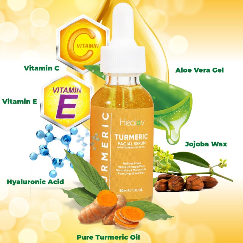 Healov سيروم الكركم للوجه والجسم - سيروم طبيعي بالكامل لتفتيح البشرة بالكركم للبقع الداكنة - ينظف البشرة، يحارب حب الشباب، يوازن اللون، الندوب - علاج العناية بالبشرة بزيت الكركم النقي لجميع أنواع البشرة - Image 5