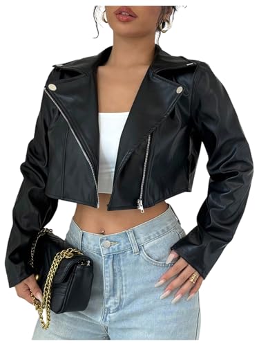 OYOANGLE Women's PU Leather Cropped Jacket Zip Up Motorcycle Jackets Coat Black Small - Image 1