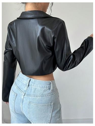 OYOANGLE Women's PU Leather Cropped Jacket Zip Up Motorcycle Jackets Coat Black Small - Image 3