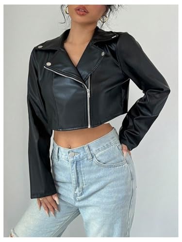 OYOANGLE Women's PU Leather Cropped Jacket Zip Up Motorcycle Jackets Coat Black Small - Image 2