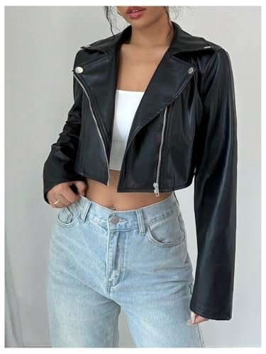 OYOANGLE Women's PU Leather Cropped Jacket Zip Up Motorcycle Jackets Coat Black Small - Image 4