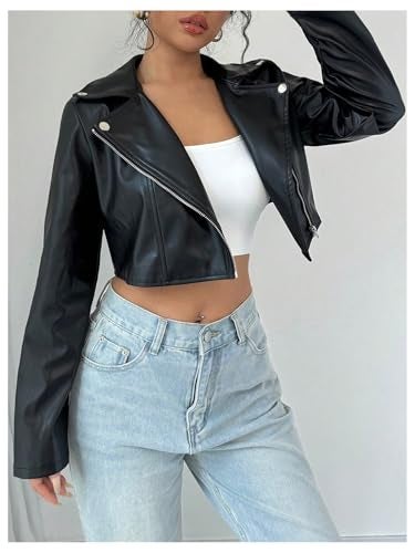 OYOANGLE Women's PU Leather Cropped Jacket Zip Up Motorcycle Jackets Coat Black Small - Image 5