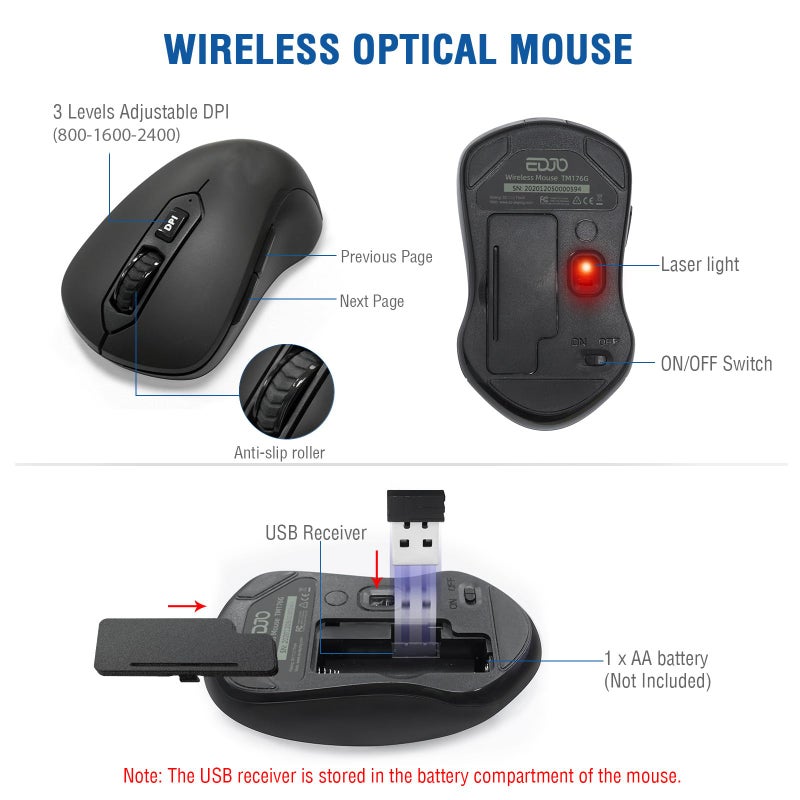 EDJO Wireless Keyboard and Mouse Combo, EDJO 2.4G Full-Sized Ergonomic Computer Keyboard with Wrist Rest and 3 Level DPI Adjustable Wireless Mouse for Windows, Mac OS Desktop/Laptop/PC - Image 5