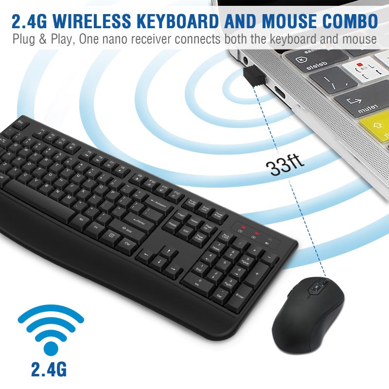 EDJO Wireless Keyboard and Mouse Combo, EDJO 2.4G Full-Sized Ergonomic Computer Keyboard with Wrist Rest and 3 Level DPI Adjustable Wireless Mouse for Windows, Mac OS Desktop/Laptop/PC - Image 3