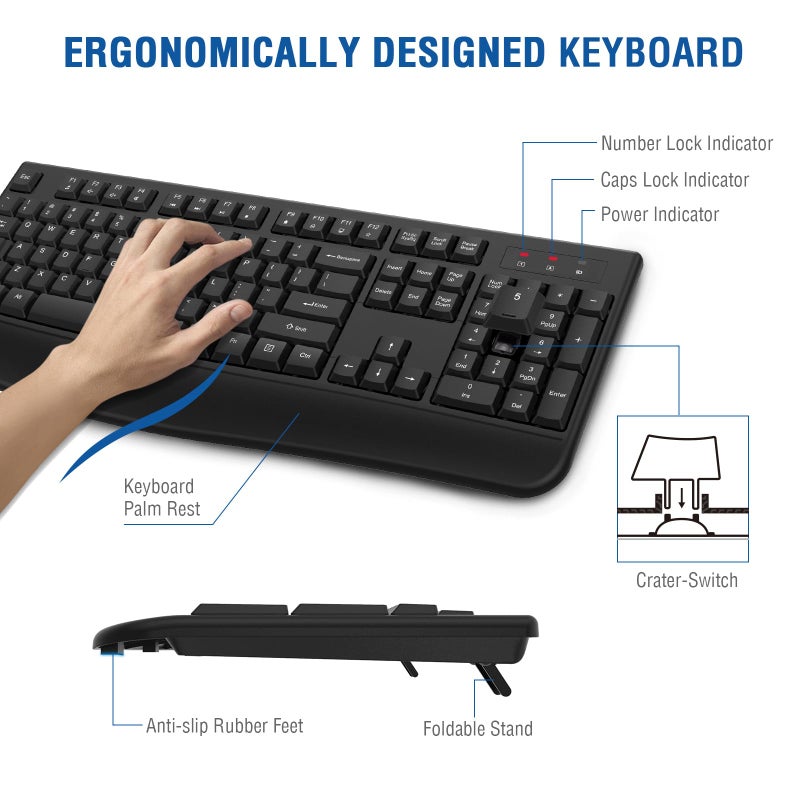EDJO Wireless Keyboard and Mouse Combo, EDJO 2.4G Full-Sized Ergonomic Computer Keyboard with Wrist Rest and 3 Level DPI Adjustable Wireless Mouse for Windows, Mac OS Desktop/Laptop/PC - Image 4