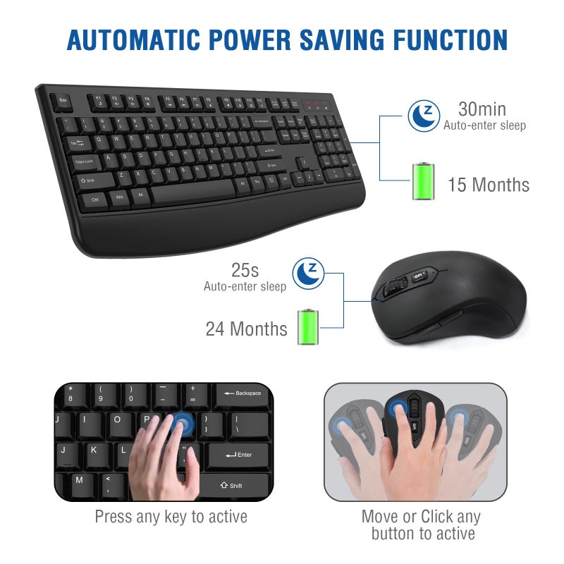 EDJO Wireless Keyboard and Mouse Combo, EDJO 2.4G Full-Sized Ergonomic Computer Keyboard with Wrist Rest and 3 Level DPI Adjustable Wireless Mouse for Windows, Mac OS Desktop/Laptop/PC - Image 2