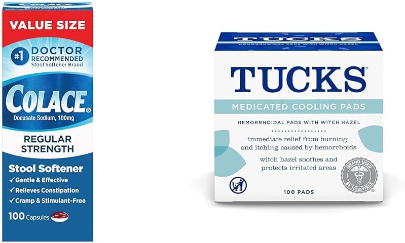 Colace Regular Strength 100mg Stool Softener Capsules 100 Count  Tucks Medicated Cooling Pads Hemorrhoid Treatment 100 Count
