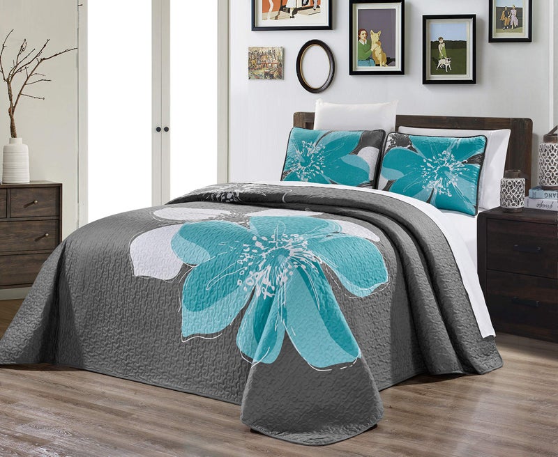 D'Decor DDECOR 3-Piece Fine Printed Oversize (100" X 95") Quilt Set Reversible Bedspread Coverlet Queen Size Bed Cover (Aqua Blue, Grey, White, Floral) - Image 1