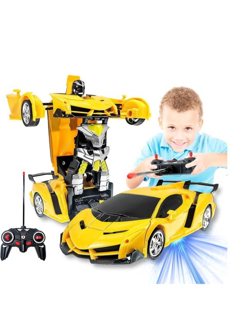 Remote Control Car for Kids, 2-in-1 Birthday Hobby Rc Robot Car Toy, 1:18 Scale with One-Button Deformation, Car Transformer Toy for 5-12 Years Old Racing Cars for Boys Girls (Yellow)