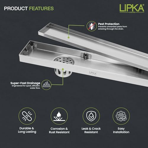 LIPKA Rectangular Tile Insert Shower Drain Channel | 36 x 3 Inches | Waste Water Floor Drain for 13mm Tile | 304 Stainless Steel | Invisible Shower Drainer Channel | Anti Cockroach Trap and Side Hole - Image 3