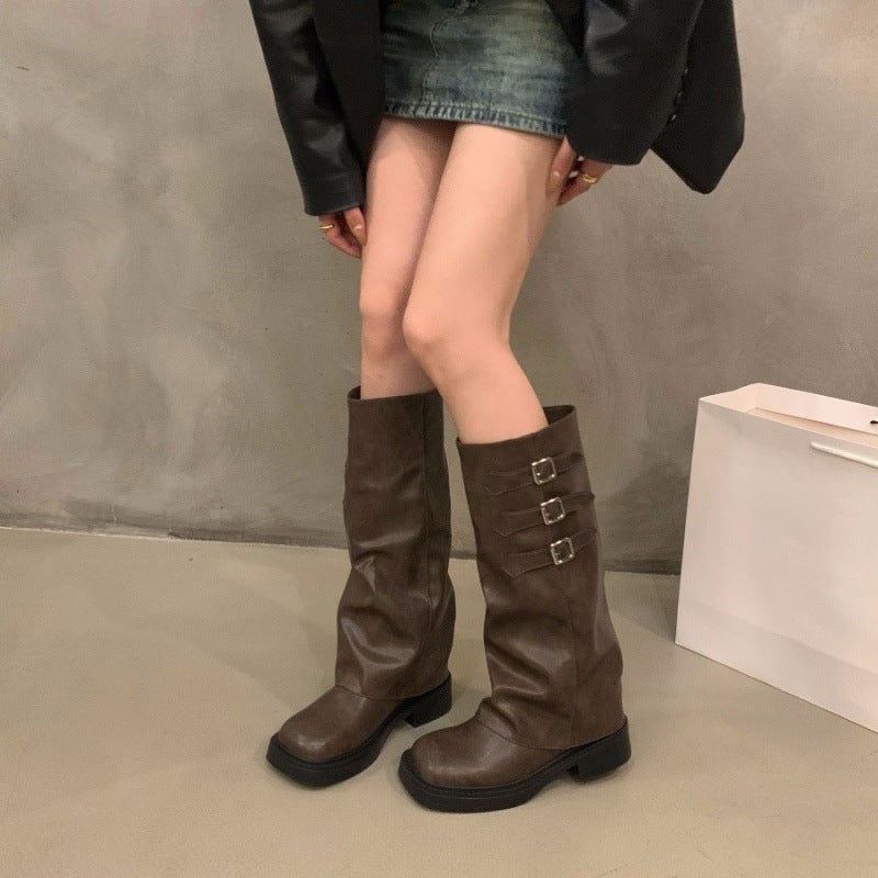 Brown Vintage High Leg Boots Knight Boots Small Boots Thick Bottom Women'S Boots Western Cowboy Boots - Image 3
