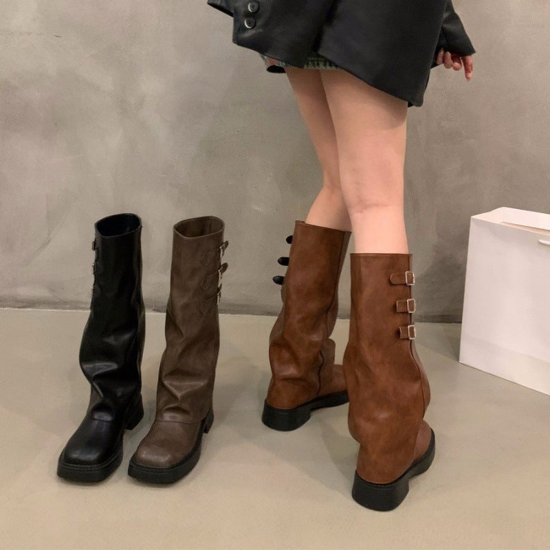 Brown Vintage High Leg Boots Knight Boots Small Boots Thick Bottom Women'S Boots Western Cowboy Boots - Image 4