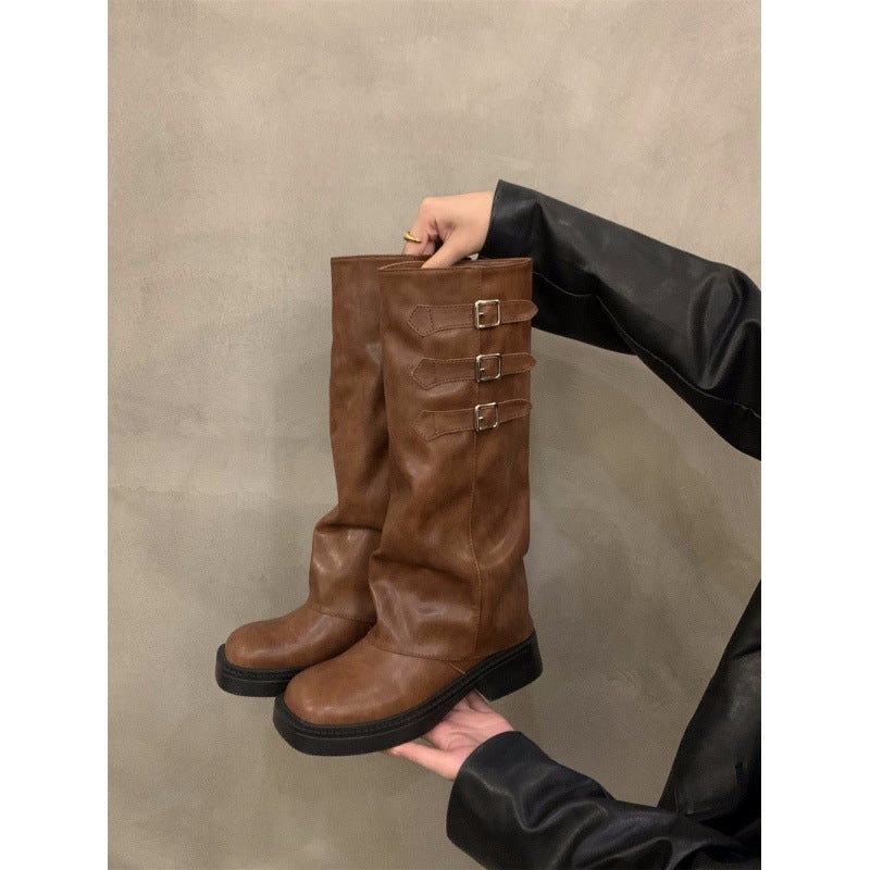 Brown Vintage High Leg Boots Knight Boots Small Boots Thick Bottom Women'S Boots Western Cowboy Boots - Image 1
