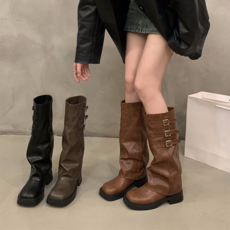 Brown Vintage High Leg Boots Knight Boots Small Boots Thick Bottom Women'S Boots Western Cowboy Boots - Image 2