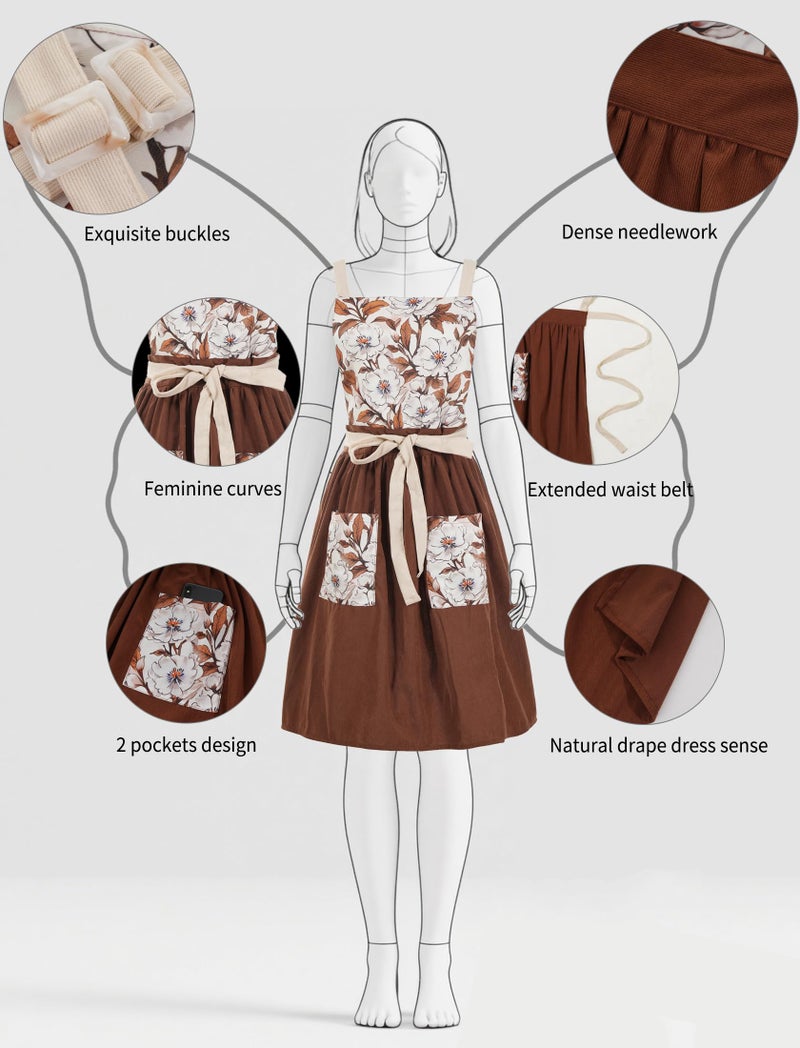 Pinknoke Vintage Pinafore Apron Dress for Women with Pockets Cute Floral Chef Aprons for Kitchen Cooking Baking Gardening (Brown) - Image 4