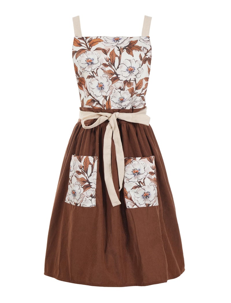 Pinknoke Vintage Pinafore Apron Dress for Women with Pockets Cute Floral Chef Aprons for Kitchen Cooking Baking Gardening (Brown) - Image 1
