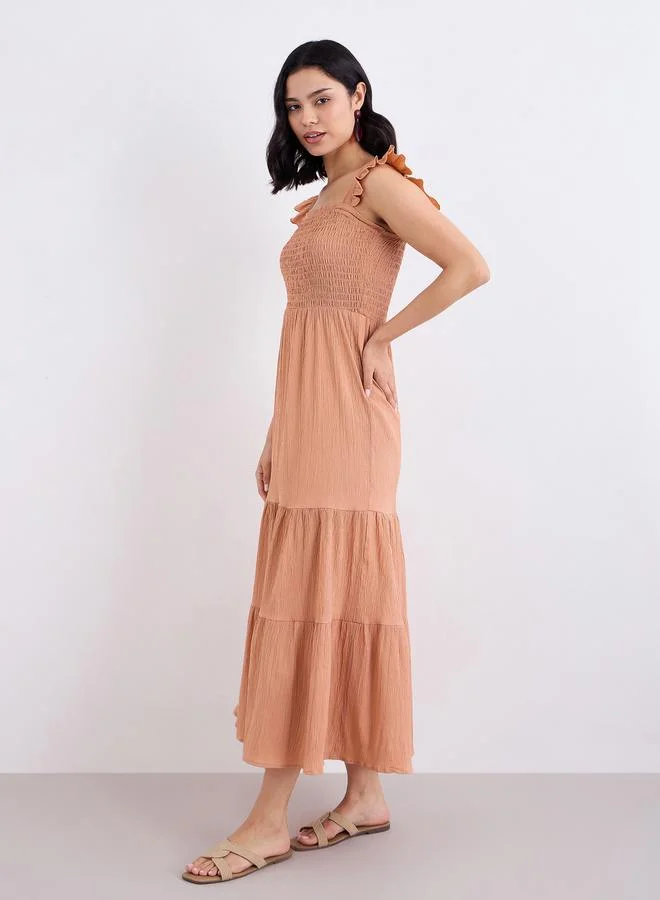 Styli  Styli Rust Ruffled Sleeves Smocked Maxi Dress for Women | Best Price UAE