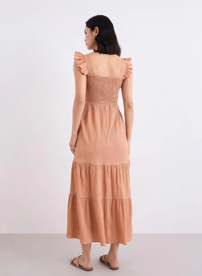 Styli  Styli Rust Ruffled Sleeves Smocked Maxi Dress for Women | Best Price UAE