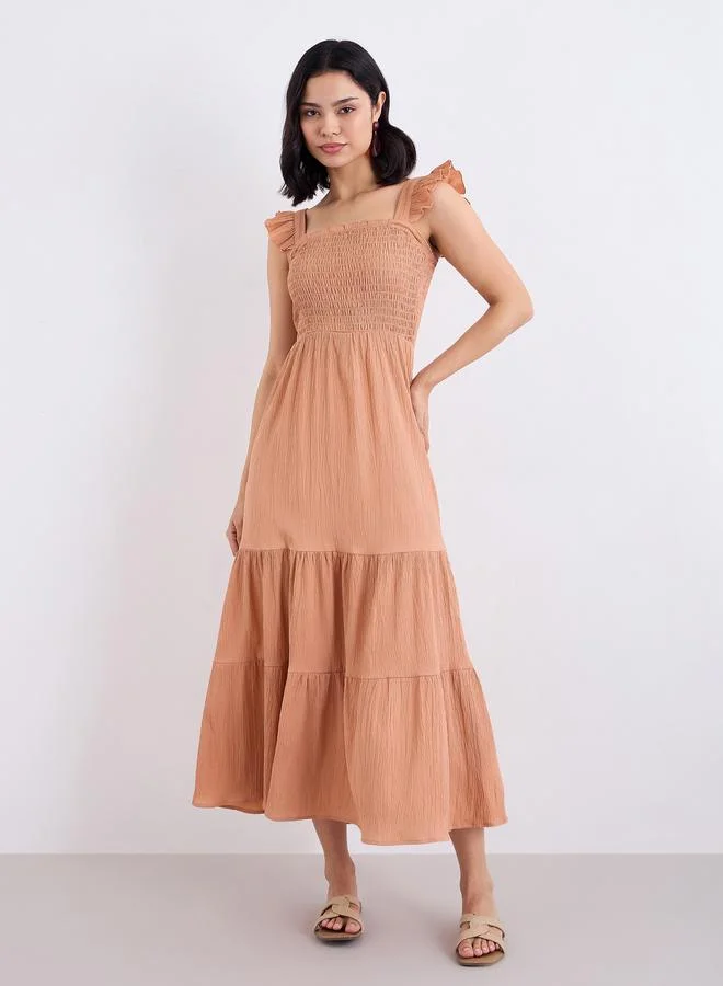 Styli  Styli Rust Ruffled Sleeves Smocked Maxi Dress for Women | Best Price UAE