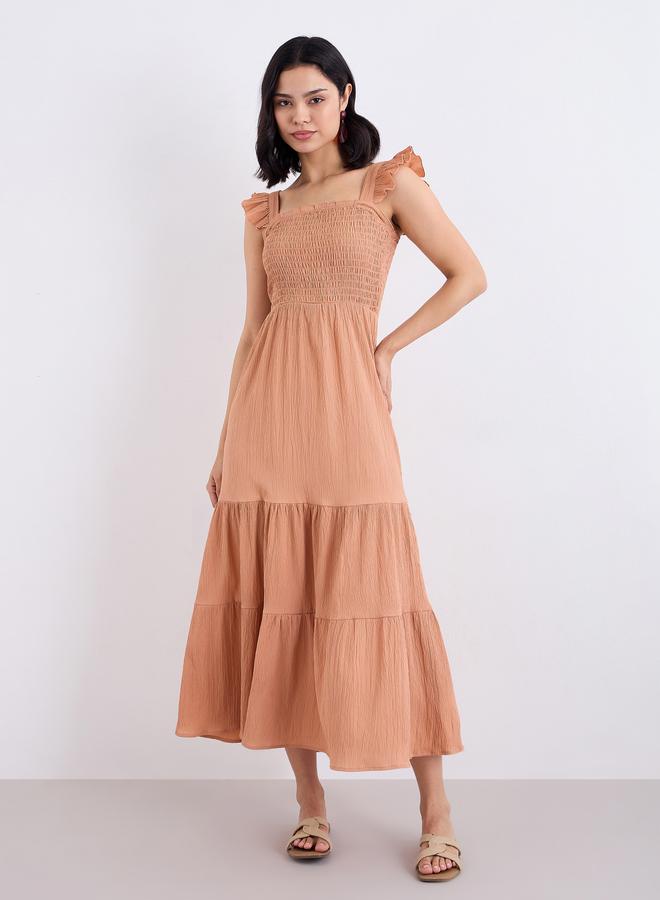 Styli Rust Ruffled Sleeves Smocked Maxi Dress - Image 3