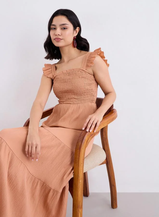 Styli Rust Ruffled Sleeves Smocked Maxi Dress