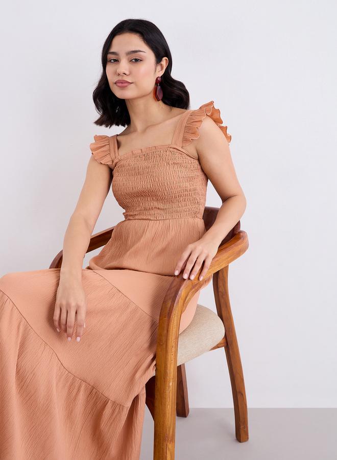 Styli Rust Ruffled Sleeves Smocked Maxi Dress - Image 1