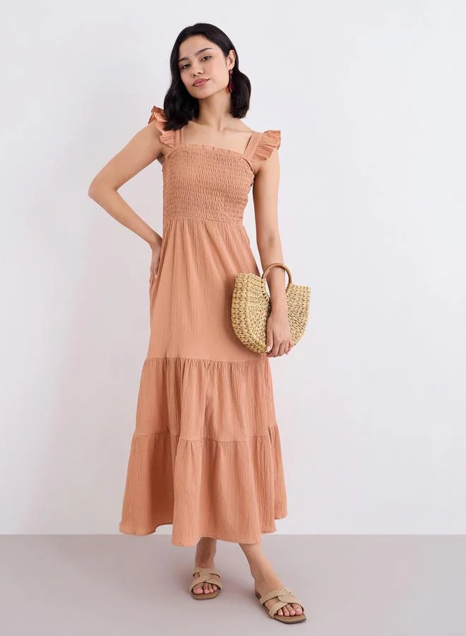 Styli  Styli Rust Ruffled Sleeves Smocked Maxi Dress for Women | Best Price UAE