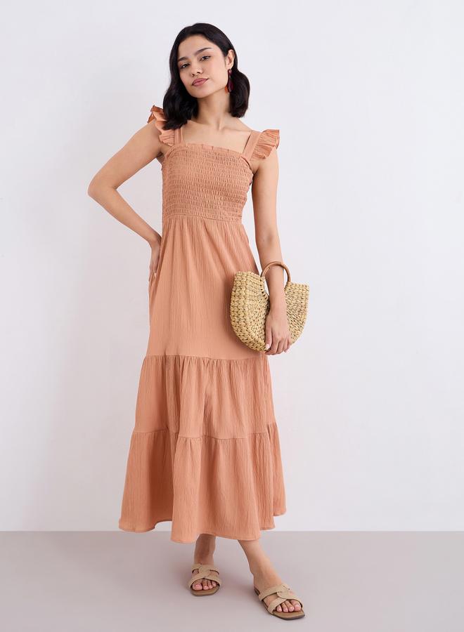 Styli Rust Ruffled Sleeves Smocked Maxi Dress - Image 2