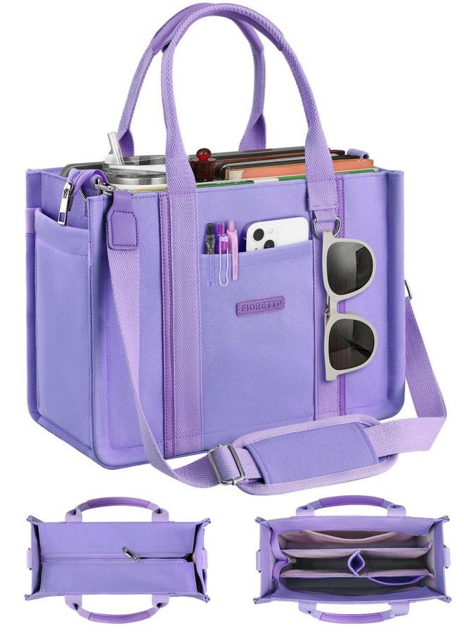 FIORETTO Canvas Tote Bag for Women with Zipper Closure & Individual Compartments, Purple, Large, Built-in Organizer - Image 1