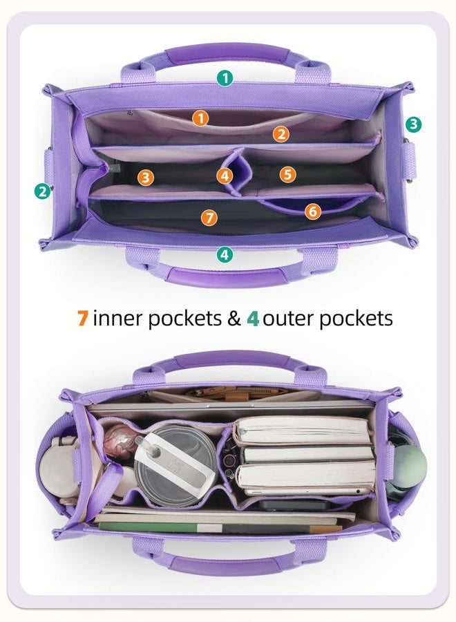 FIORETTO Canvas Tote Bag for Women with Zipper Closure & Individual Compartments, Purple, Large, Built-in Organizer - Image 4