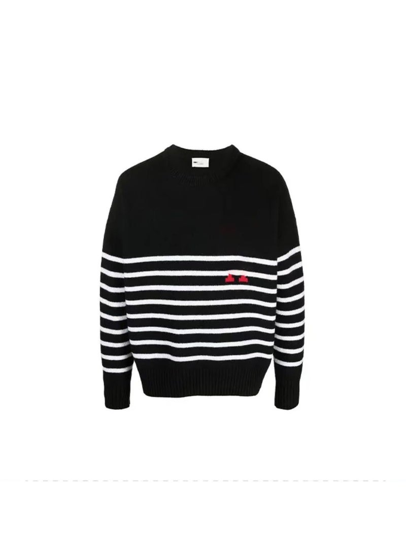 Generic - Thickened Heavyweight Big Heart Love Knitted Sweater Loose Striped Couples round Neck Pullover Cotton Blend Casual Winter Black - Image 1