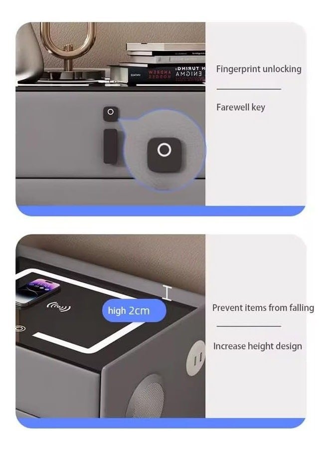 keke Multifunctional Three drawers Bedside Table with LED Lighting, Wireless Charging, Fingerprint Lock, Speaker and USB Sockets - Image 5