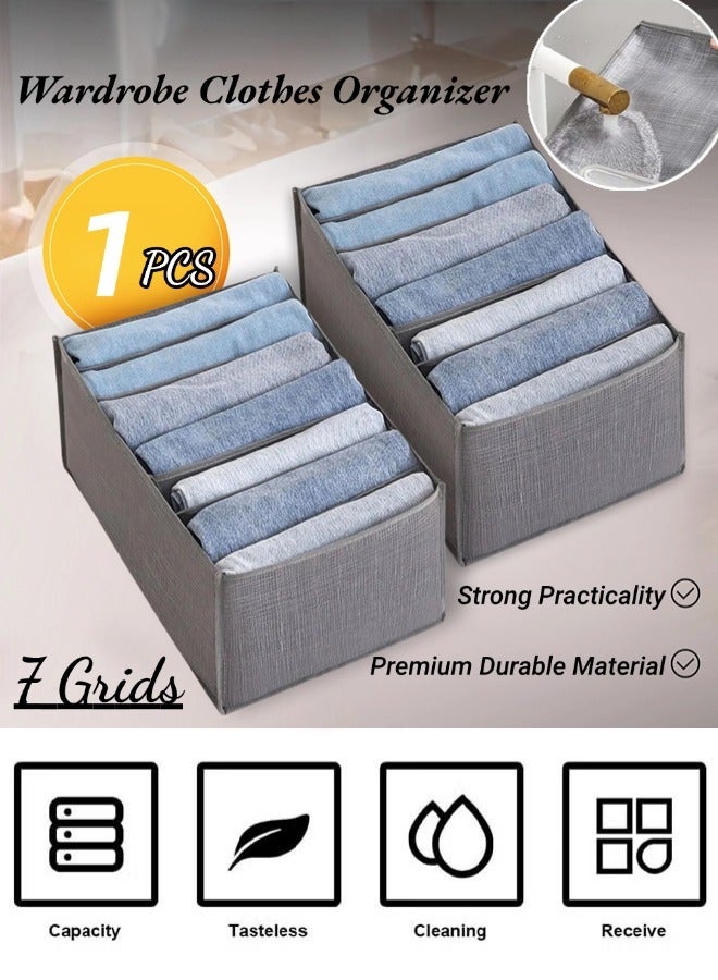 7 Grids Wardrobe Clothes Organizer, Large Foldable Closet Storage Organizer, Washable Closet Storage Box, Divider Drawer Organizer with Support Board, Suitable for Thin Coats Jeans Trousers Leggings Sweaters T Shirts (Grey, 35×24×17 Cm)  - Image 1