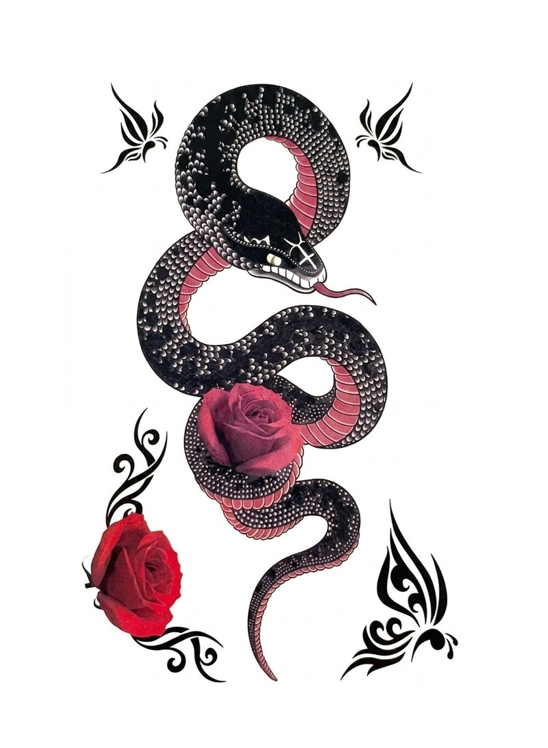 Temporary Tattoo Sticker Snake with Red Rose and Butterfly Design