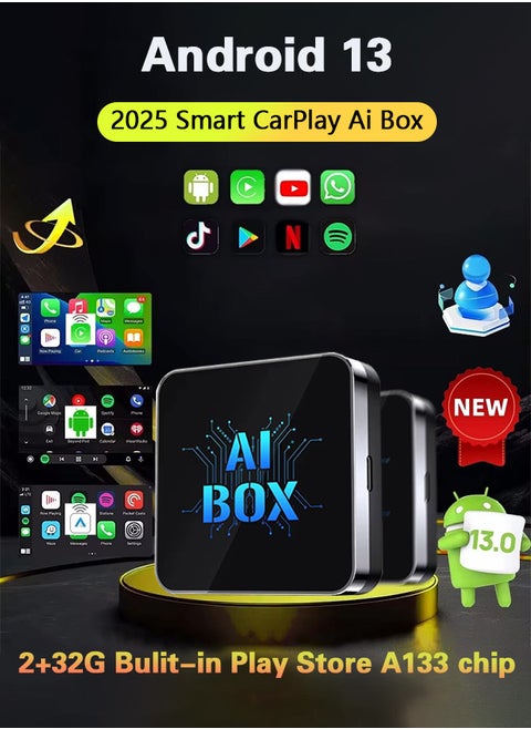 محول صندوق CarPlay AI اللاسلكي الجديد لعام 2025، محول Android Auto اللاسلكي، يدعم YouTube، صندوق CarPlay AI 2 في 1 للتوصيل والتشغيل، يدعم التوصيل السلكي واللاسلكي