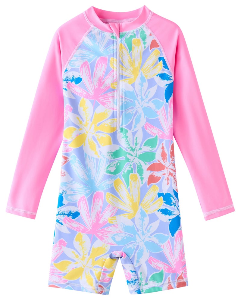 UMELOK Girls Rash Guard Swimsuits Long Sleeve One Piece Swimwear with UPF 50+ Sun Protection Zipper Bathing Suits Colorful Leaves,8Y - Image 1