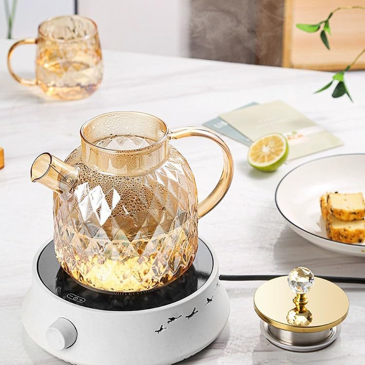 Hatanu Mall Golden Glass Tea Pot with Wooden Lid and Crystal Diamond Lid Handle Teapot Kettle for Serving Tea Coffee Warm Water Juice 1 Litre - Image 3