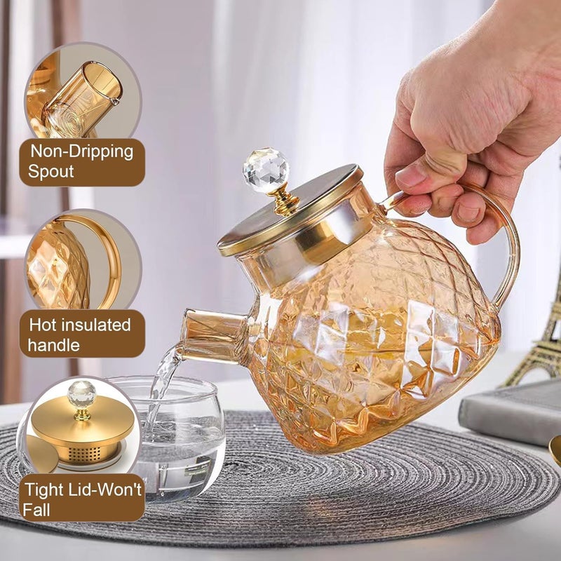 Hatanu Mall Golden Glass Tea Pot with Wooden Lid and Crystal Diamond Lid Handle Teapot Kettle for Serving Tea Coffee Warm Water Juice 1 Litre - Image 2